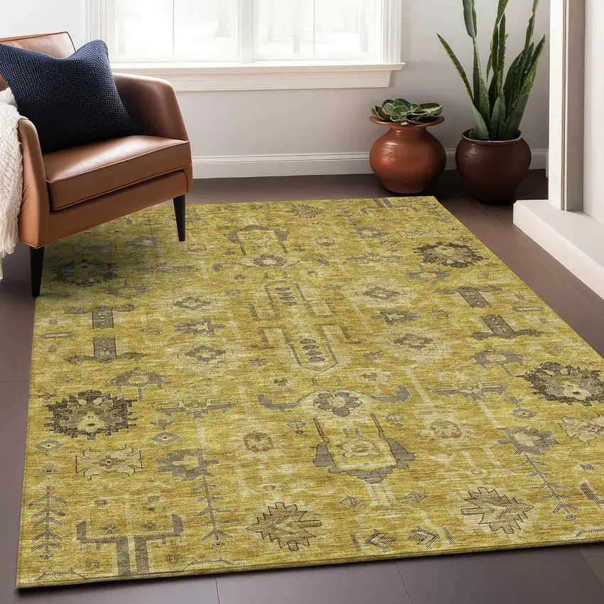 Gold Charcoal And Gray Oriental Washable Area Rug With UV Protection Photo 6