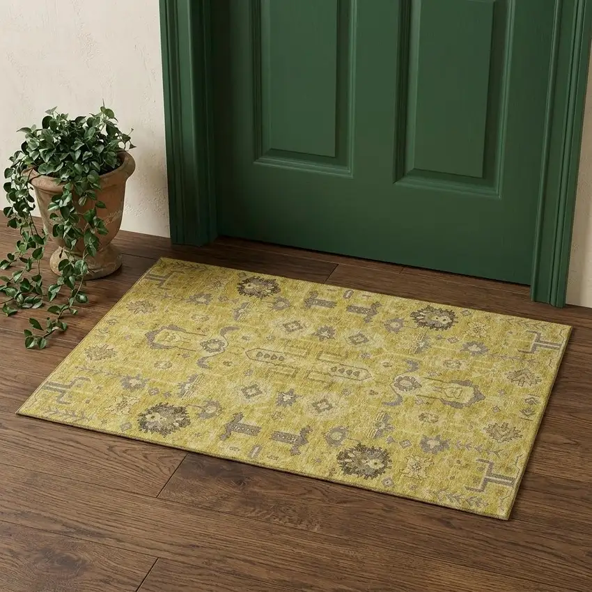 Gold Charcoal And Gray Oriental Washable Area Rug With UV Protection Photo 1