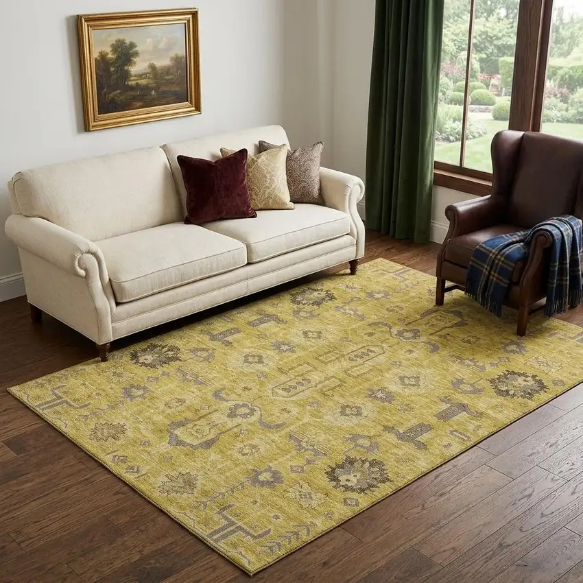 Gold Charcoal And Gray Oriental Washable Area Rug With UV Protection Photo 1