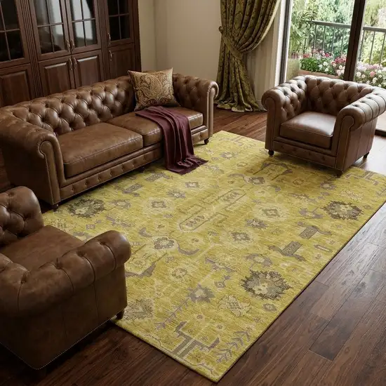 Gold Charcoal And Gray Oriental Washable Area Rug With UV Protection Photo 1