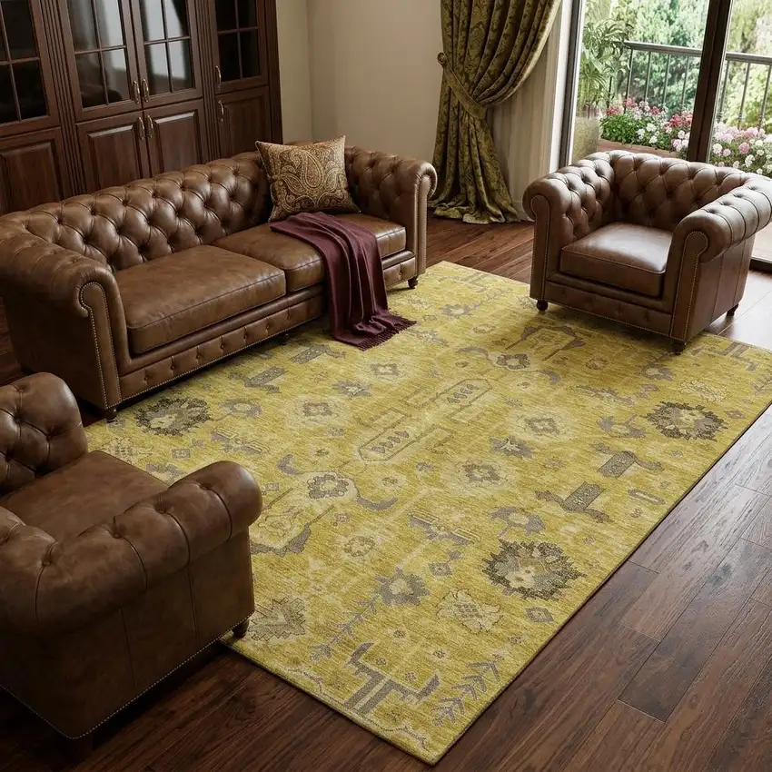 Gold Charcoal And Gray Oriental Washable Area Rug With UV Protection Photo 1