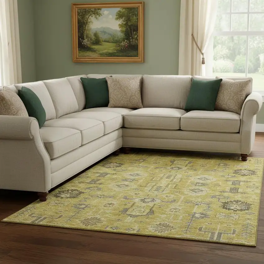 Gold Charcoal And Gray Oriental Washable Area Rug With UV Protection Photo 1