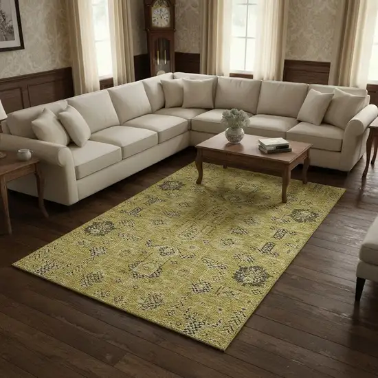 Gold Charcoal And Gray Oriental Washable Area Rug With UV Protection Photo 1