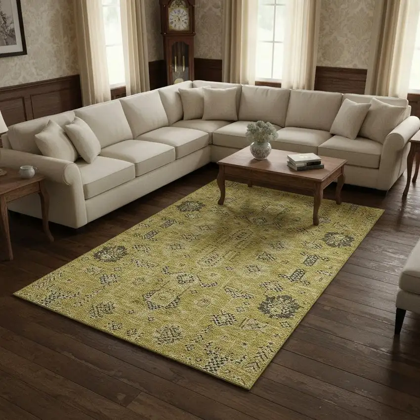 Gold Charcoal And Gray Oriental Washable Area Rug With UV Protection Photo 1