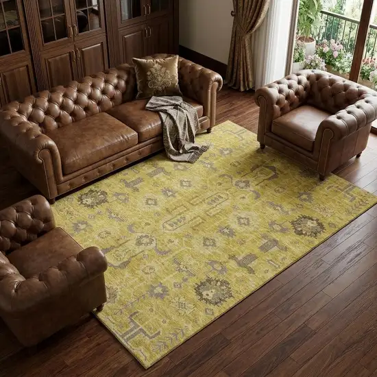 Gold Charcoal And Gray Oriental Washable Area Rug With UV Protection Photo 1
