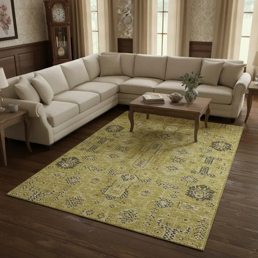 Gold Charcoal And Gray Oriental Washable Area Rug With UV Protection Photo 1