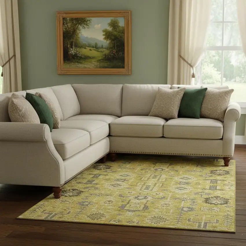 Gold Charcoal And Gray Oriental Washable Area Rug With UV Protection Photo 1