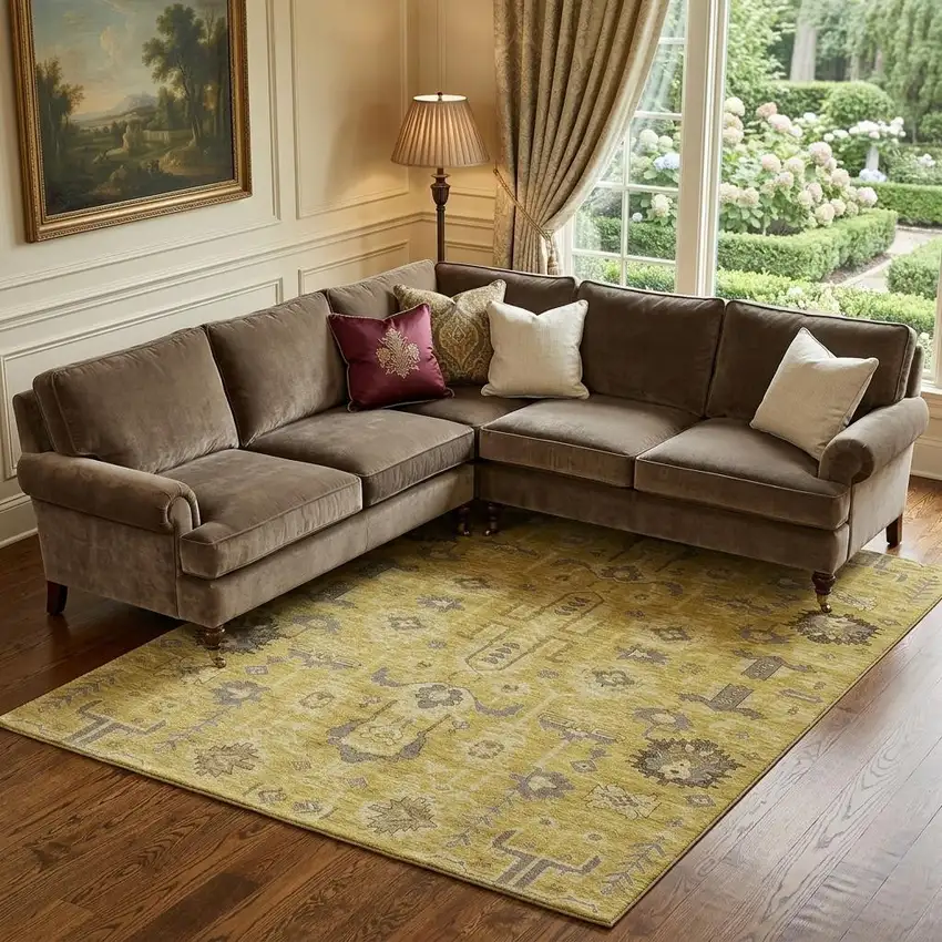 Gold Charcoal And Gray Oriental Washable Area Rug With UV Protection Photo 1