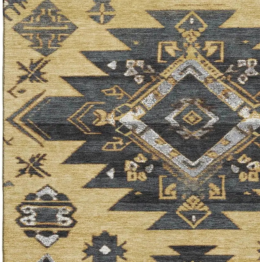 Gold Charcoal And Gray Tribal Washable Area Rug With UV Protection Photo 4