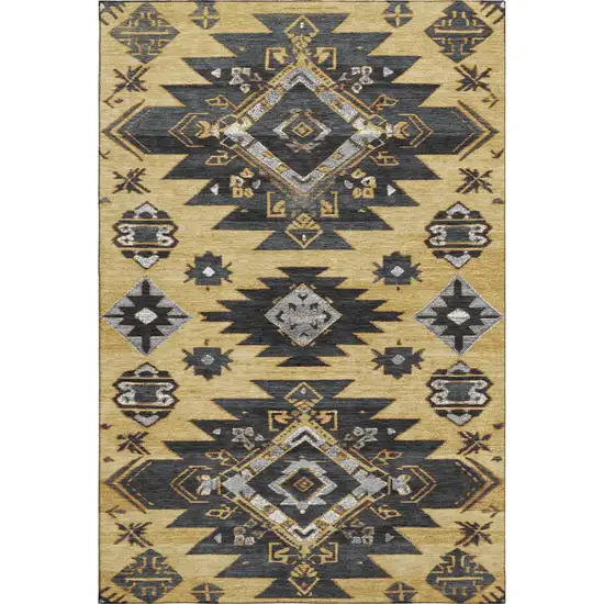 Gold Charcoal And Gray Tribal Washable Area Rug With UV Protection Photo 1
