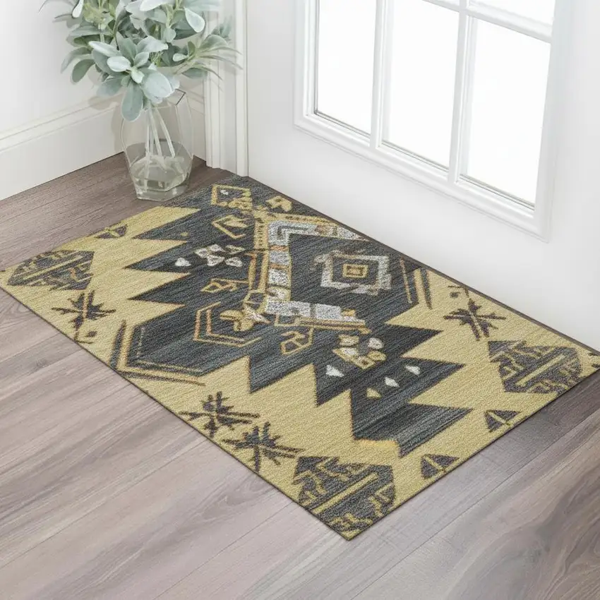 Gold Charcoal And Gray Tribal Washable Area Rug With UV Protection Photo 2