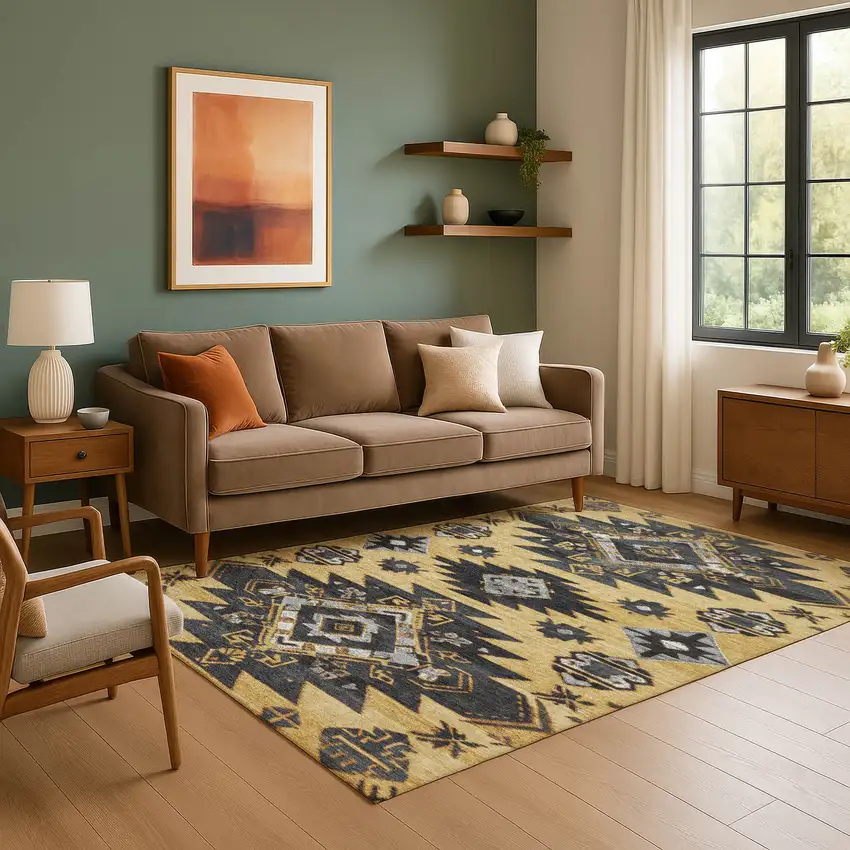 Gold Charcoal And Gray Tribal Washable Area Rug With UV Protection Photo 6