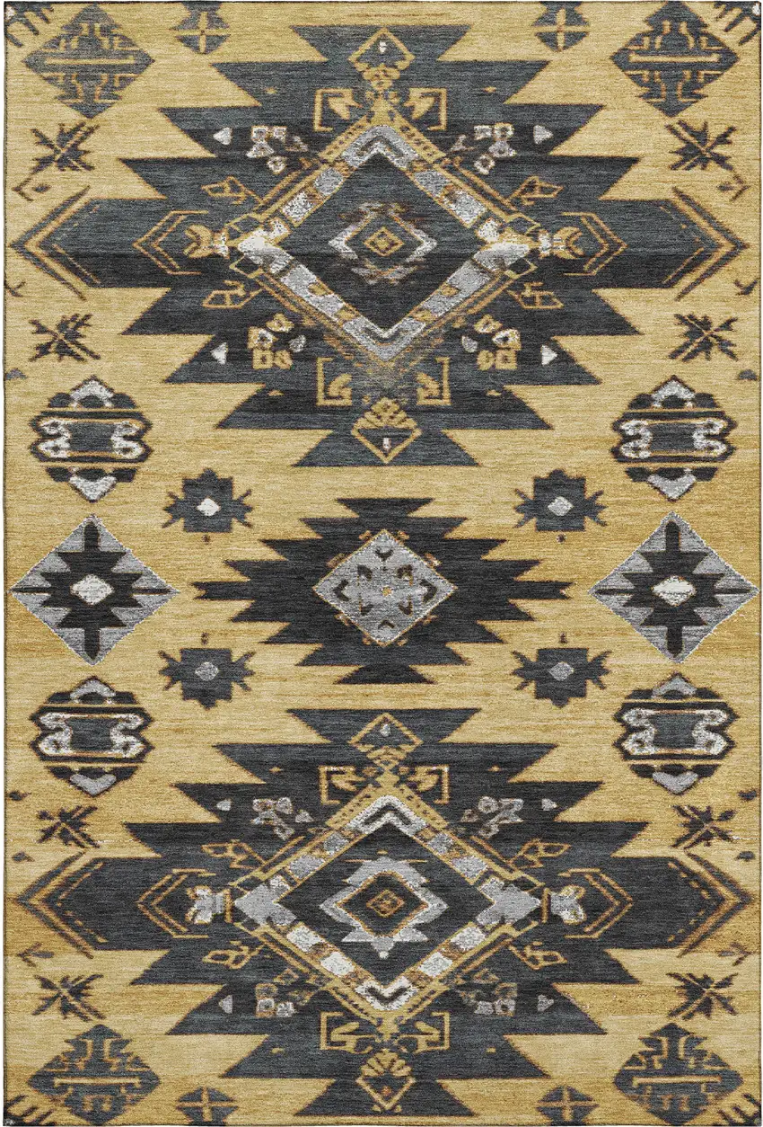 Gold Charcoal And Gray Tribal Washable Area Rug With UV Protection Photo 1