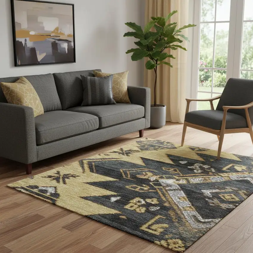 Gold Charcoal And Gray Tribal Washable Area Rug With UV Protection Photo 2