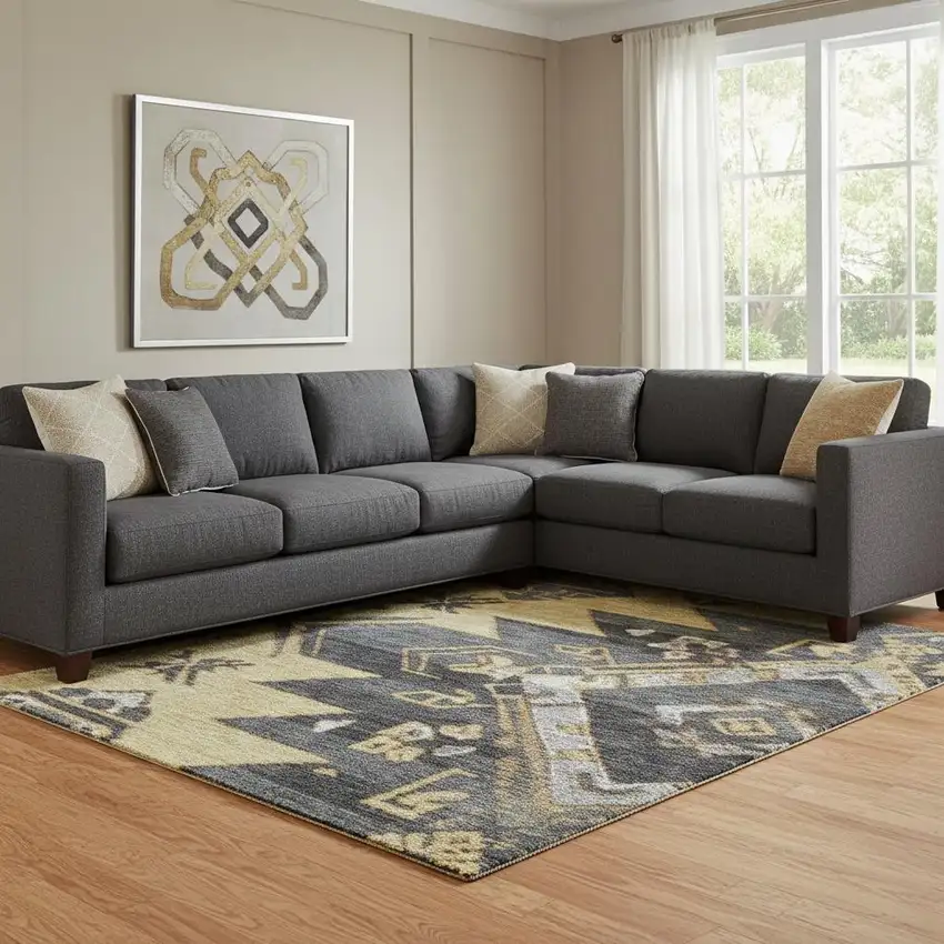 Gold Charcoal And Gray Tribal Washable Area Rug With UV Protection Photo 2