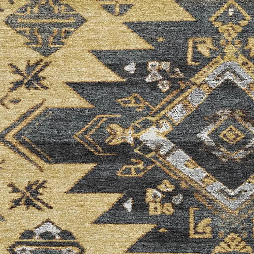 Gold Charcoal And Gray Tribal Washable Area Rug With UV Protection Photo 3