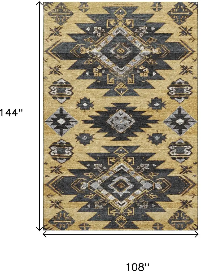 Gold Charcoal And Gray Tribal Washable Area Rug With UV Protection Photo 9
