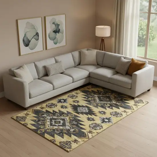 Gold Charcoal And Gray Tribal Washable Area Rug With UV Protection Photo 2
