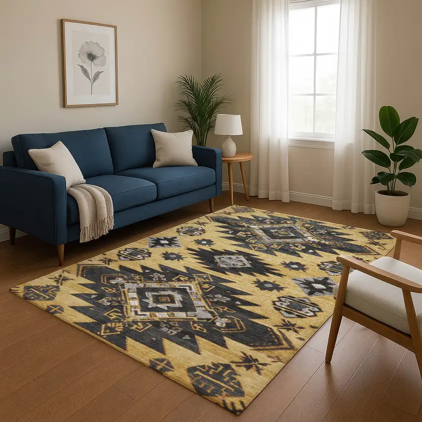 Gold Charcoal And Gray Tribal Washable Area Rug With UV Protection Photo 5