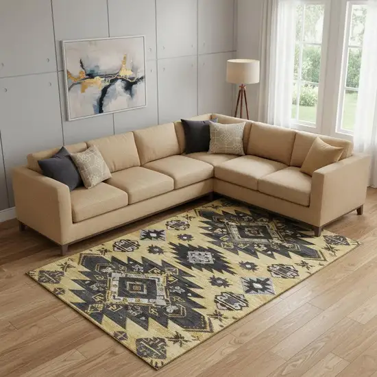 Gold Charcoal And Gray Tribal Washable Area Rug With UV Protection Photo 2