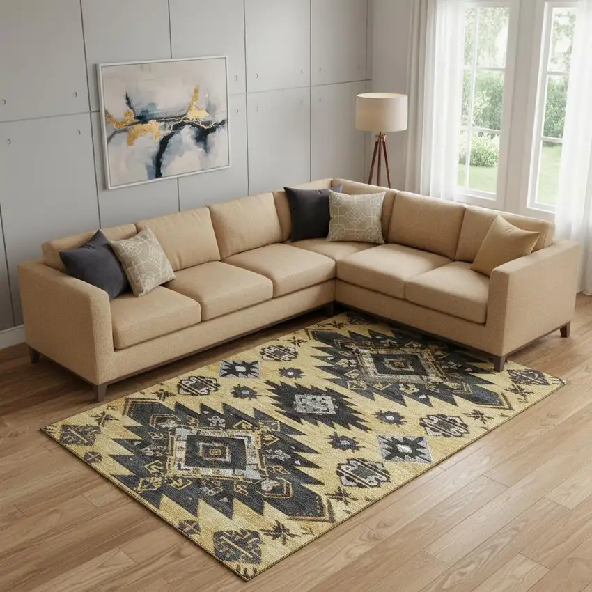Gold Charcoal And Gray Tribal Washable Area Rug With UV Protection Photo 2