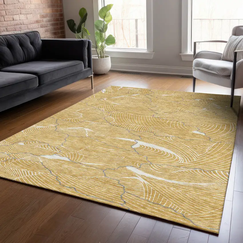 Gold Charcoal And Ivory Abstract Washable Indoor Outdoor Area Rug Photo 9
