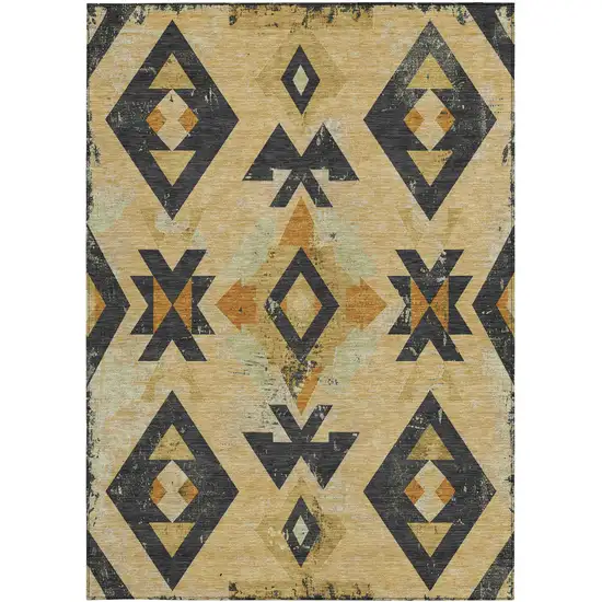 Gold Charcoal And Wheat Aztec Washable Indoor Outdoor Area Rug Photo 3