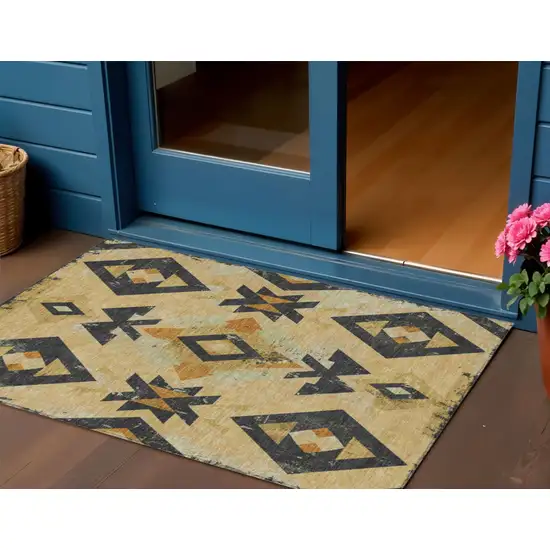 Gold Charcoal And Wheat Aztec Washable Indoor Outdoor Area Rug Photo 2