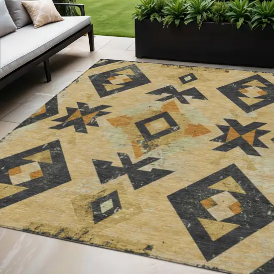 Gold Charcoal And Wheat Aztec Washable Indoor Outdoor Area Rug Photo 2