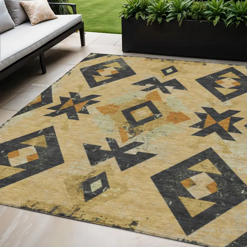 Gold Charcoal And Wheat Aztec Washable Indoor Outdoor Area Rug Photo 2
