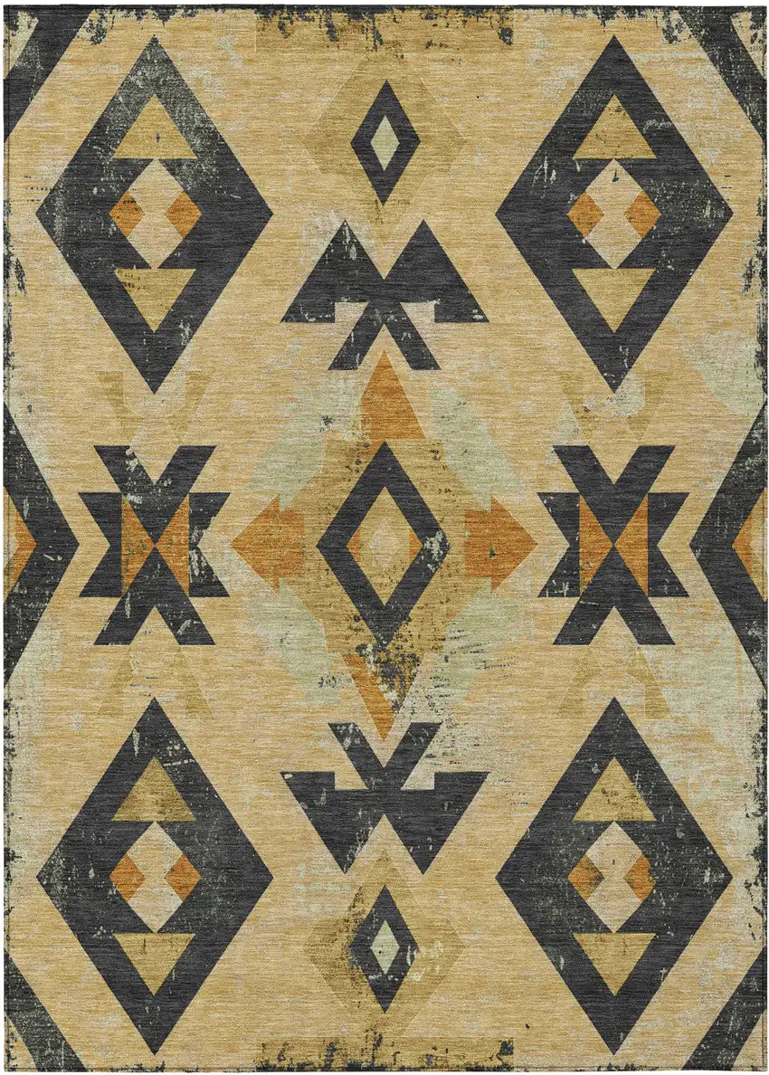 Gold Charcoal And Wheat Aztec Washable Indoor Outdoor Area Rug Photo 1