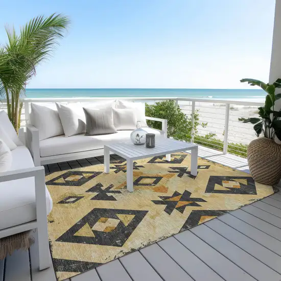 Gold Charcoal And Wheat Aztec Washable Indoor Outdoor Area Rug Photo 6