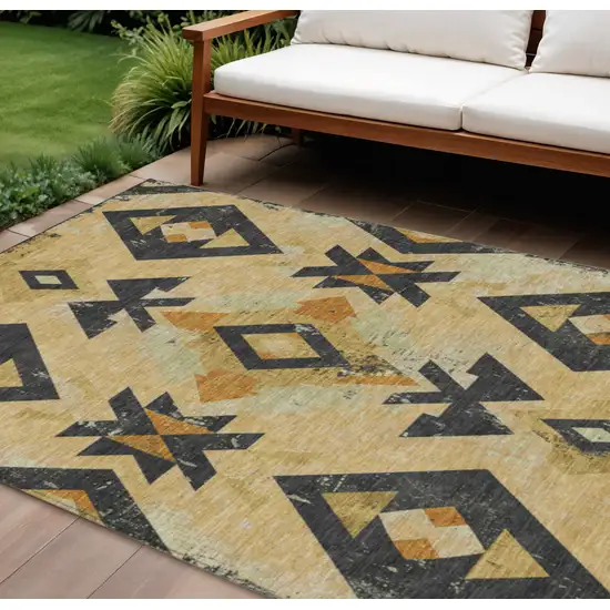 Gold Charcoal And Wheat Aztec Washable Indoor Outdoor Area Rug Photo 2