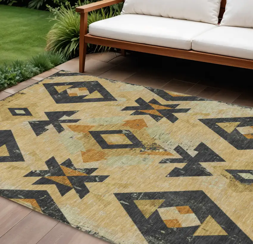 Gold Charcoal And Wheat Aztec Washable Indoor Outdoor Area Rug Photo 2