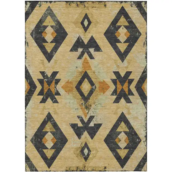 Gold Charcoal And Wheat Aztec Washable Indoor Outdoor Area Rug Photo 1