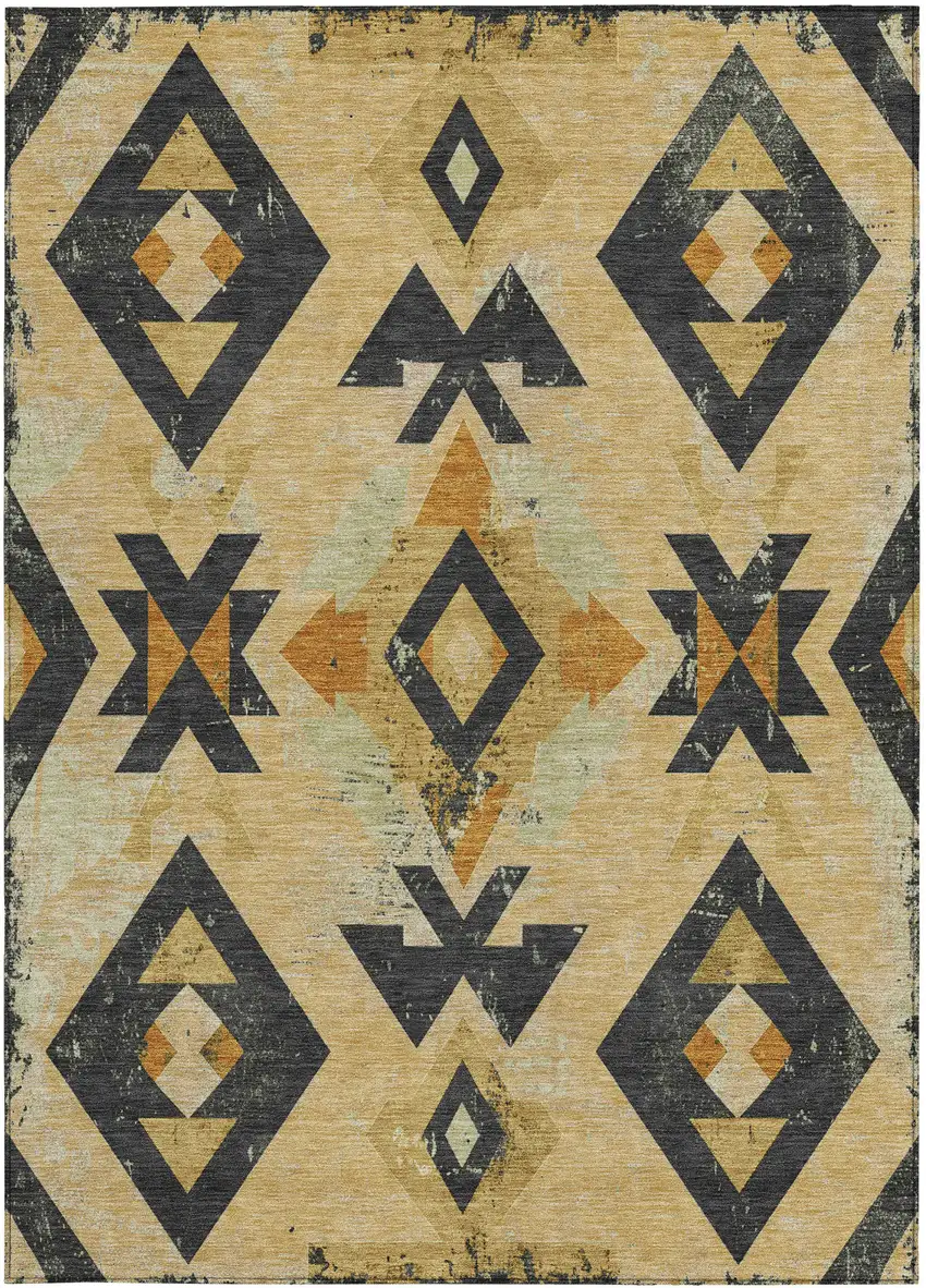 Gold Charcoal And Wheat Aztec Washable Indoor Outdoor Area Rug Photo 3