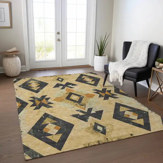 Gold Charcoal And Wheat Aztec Washable Indoor Outdoor Area Rug Photo 7