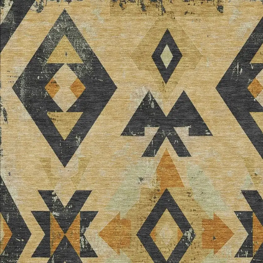Gold Charcoal And Wheat Aztec Washable Indoor Outdoor Area Rug Photo 3