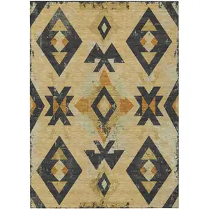 Photo of Gold Charcoal And Wheat Aztec Washable Indoor Outdoor Area Rug
