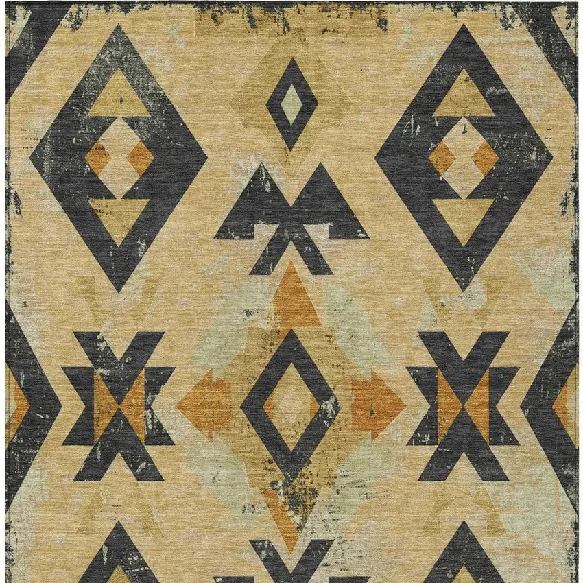 Gold Charcoal And Wheat Aztec Washable Indoor Outdoor Area Rug Photo 4
