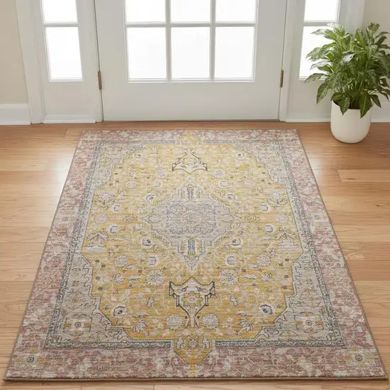 Gold Copper And Gray Floral Medallion Washable Area Rug With UV Protection Photo 2