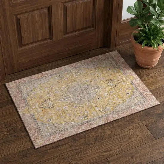 Gold Copper And Gray Floral Medallion Washable Area Rug With UV Protection Photo 1