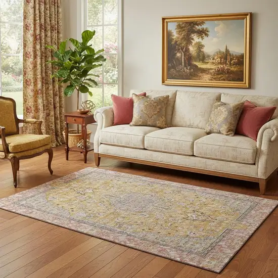 Gold Copper And Gray Floral Medallion Washable Area Rug With UV Protection Photo 2