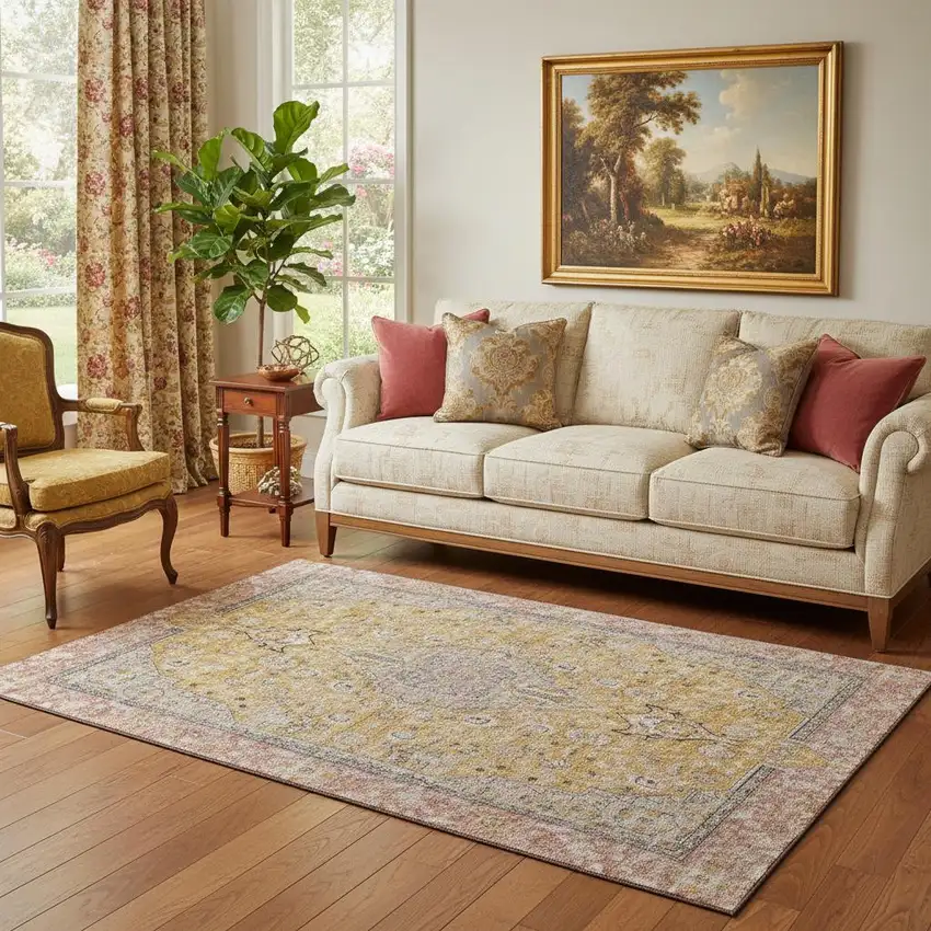 Gold Copper And Gray Floral Medallion Washable Area Rug With UV Protection Photo 2