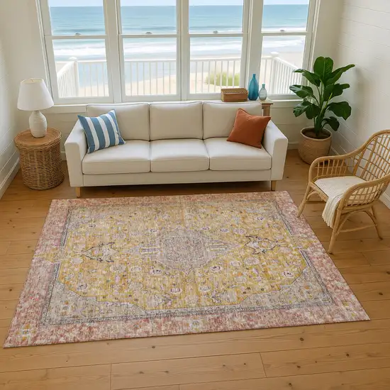 Gold Copper And Gray Floral Medallion Washable Area Rug With UV Protection Photo 5