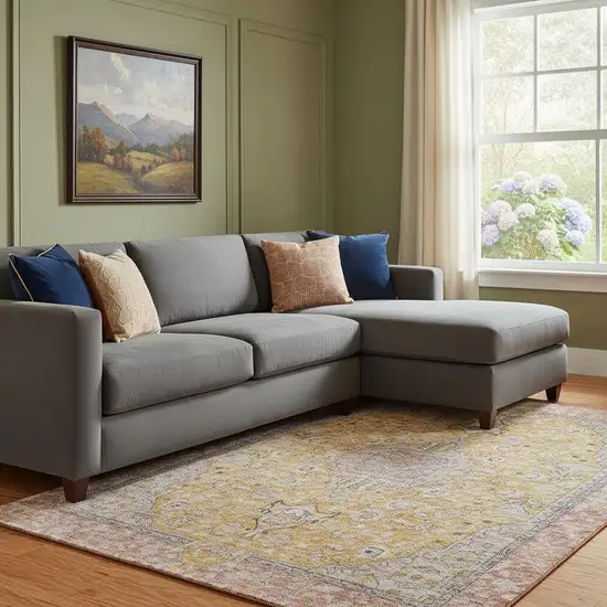 Gold Copper And Gray Floral Medallion Washable Area Rug With UV Protection Photo 2