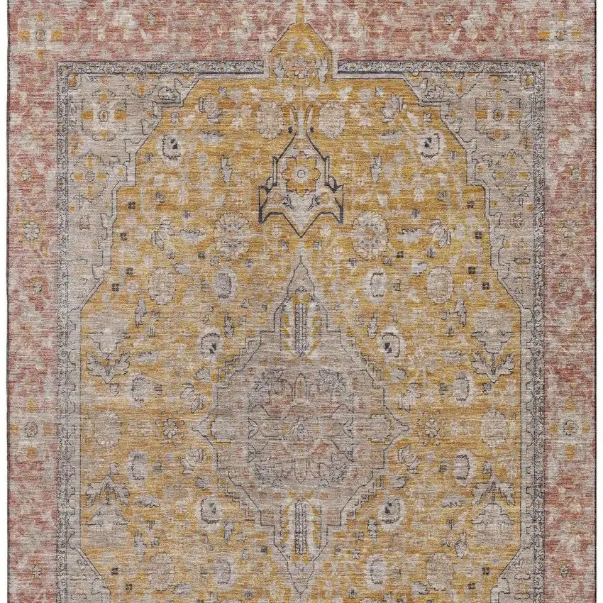Gold Copper And Gray Floral Medallion Washable Area Rug With UV Protection Photo 3