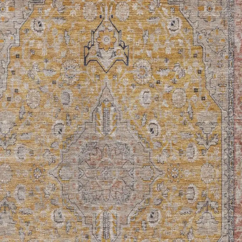 Gold Copper And Gray Floral Medallion Washable Area Rug With UV Protection Photo 2