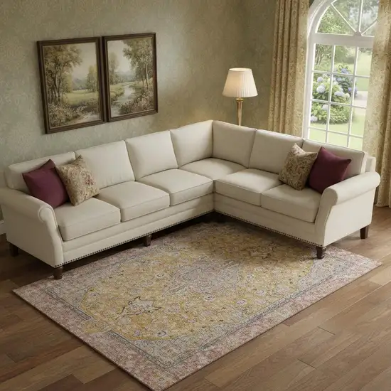 Gold Copper And Gray Floral Medallion Washable Area Rug With UV Protection Photo 2