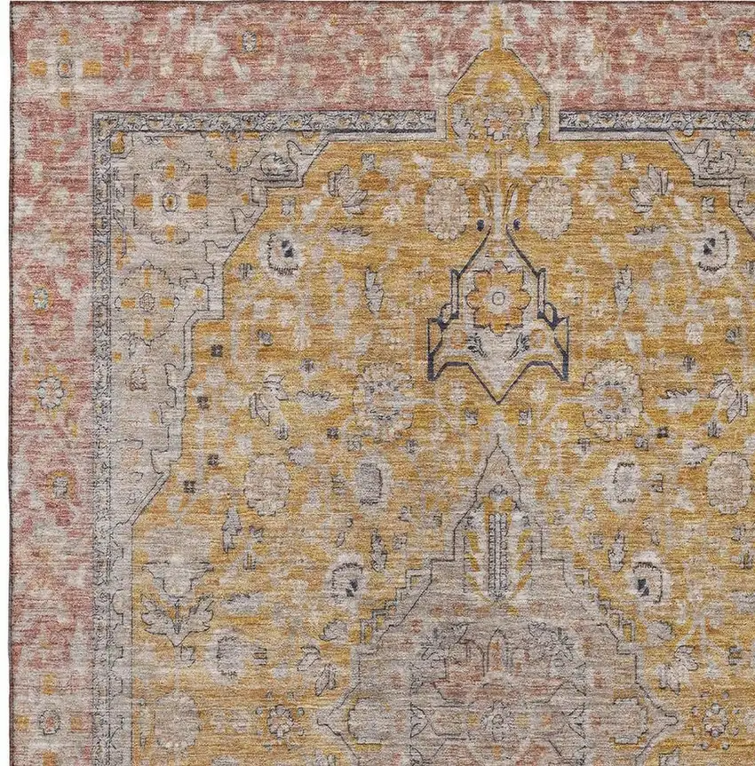 Gold Copper And Gray Floral Medallion Washable Area Rug With UV Protection Photo 2